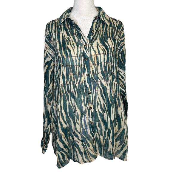 Pilcro Anthropologie cream & teal striped button down long sleeve shirt size XS - Picture 2 of 13